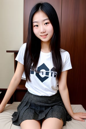 thin, 18yo Chinese, spreading legs, tight t-shirt, pleated skirt, ((skirt lift))