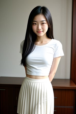 Facing viewer, thin 18yo Asian, pleated skirt, both arms behind back,<lora:659111690174031528:1.0>