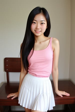 Facing viewer, thin 18yo Asian, pleated skirt, both arms behind back