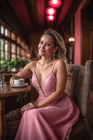 30 years old woman, sitting on chair, pink dress, Tokina AT-X 11-16mm F/2.8 Pro DX II, enchanting lighting, lively tavern scenes, photo-realistic techniques, Artgerm style, Poolcore, (Best quality:1.5, masterpiece:1.5)