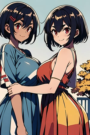 2girl, Split left and right, Two people can fit inside a huge cup noodle container that can be used by other people.
Inside the container are chicken soup and cup noodle ingredients,
A park with refreshing autumn sunshine,
BREAK
left side, KANON, short hair, medium brests, yellow one-piece dress,
BREAK
right side, KUON, short hair, black hair, blue inner hair, tsurime, red hairclip, red eyes, thick eyebrows, dark skin, large brests, ,KANON