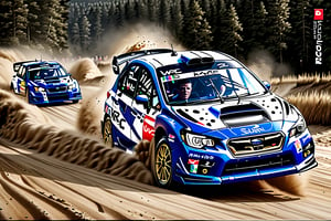 ((masterpiece, best quality, hyper detailed, insanely detailed, beautiful, ultra realistic photo, photorealistic, raw photo, realism)),
BREAK
A Subaru blue Impreza WRX-STI "WRC2008 MODEL" drifting on a sand course and turning a corner during a WRC car race.
The main sponsor logo is in yellow and says "Rasman045".
There are other sponsor logos but they are smaller than the main one,