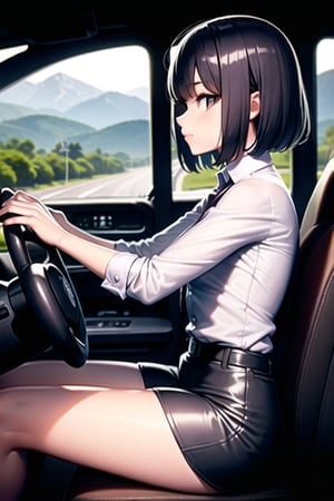 The dark-skinned, short-haired girl who drives a large truck is definitely a professional driver as she drives safely through mountainous areas, ((wearing a seatbelt:1.4)),
((Appearance while driving a truck:1.4)), ((mini_skirt)), 
((Holding the steering wheel while driving a truck)),
((side view, from side)),
