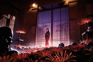 (masterpiece), best quality, expressive eyes, perfect face,
(A Japanese landscape, all the red flowers are spider lilies, the moon is red, the moonlight is red, there are rotting skulls here and there, and Japanese candles are lit on the skulls giving off a pale red light),
((In the center is a fair-skinned woman wearing a black kimono with a bobbed head and a hairpin shaped like an spider lily)), 
(standing straight and looking towards me. 
Due to the backlight, 
can clearly see the woman's silhouette, 
but can't see her expression clearly, 
her gaze It glows suspiciously red),
