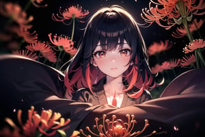 (masterpiece), best quality, expressive eyes, perfect face,
(A Japanese landscape, all the red flowers are spider lilies, the moon is red, the moonlight is red, there are rotting skulls here and there, and Japanese candles are lit on the skulls giving off a pale red light),
((In the center is a fair-skinned woman wearing a black kimono with a bobbed head and a hairpin shaped like an spider lily)), 
(standing straight and looking towards me. 
Due to the backlight, 
can clearly see the woman's silhouette, 
but can't see her expression clearly, 
her gaze It glows suspiciously red),
