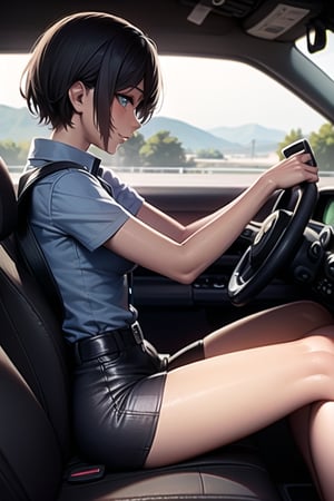 The dark-skinned, short-haired girl who drives a large truck is definitely a professional driver as she drives safely through mountainous areas, ((wearing a seatbelt:1.4)),
((Appearance while driving a truck:1.4)), ((mini_skirt)), 
((Holding the steering wheel while driving a truck)),
((side view, from side)),
