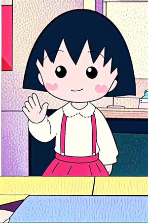 8k,(masterpiece:1.4)(best quality:1.4),(top quality),(anime style), 
1,girl, ((face focus, face close-up)), ((upper body)), ((waving with a big smile)), ((chibi maruko-chan style)), (((solo))), ((simple bookgrand, white baclkgrand)),
chibi, cbmrk, suspenders, black hair, short hair, ((red skirt;1.2, red suspenders)), white shirt, (((POV, looking at viewer))),

,<lora:659111690174031528:1.0>