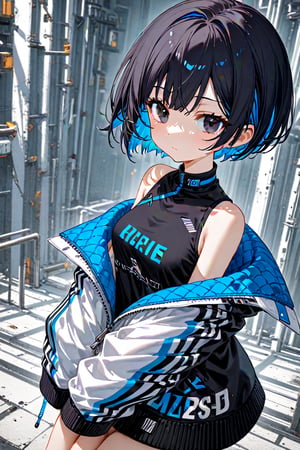 1girl. solo, alone, short hair, pixie cut, jet-black hair, fluorescent blue inner hair color, black eyes, clothes, random clothes,