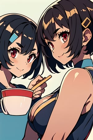 2girl, Split left and right, Two people can fit inside a huge cup noodle container that can be used by other people.
Inside the container are chicken soup and cup noodle ingredients,
A park with refreshing autumn sunshine,
BREAK
left side, KANON, short hair, medium brests, yellow one-piece dress,
BREAK
right side, KUON, short hair, black hair, blue inner hair, tsurime, red hairclip, red eyes, thick eyebrows, dark skin, large brests, ,KANON