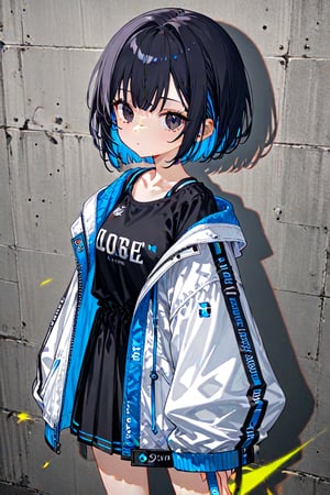 1girl. solo, alone, short hair, pixie cut, jet-black hair, fluorescent blue inner hair color, black eyes, clothes, random clothes,