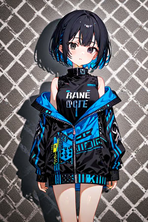 1girl. solo, alone, short hair, pixie cut, jet-black hair, fluorescent blue inner hair color, black eyes, clothes, random clothes,