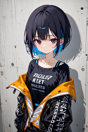 1girl. solo, alone, short hair, pixie cut, jet-black hair, fluorescent blue inner hair color, black eyes, clothes, random clothes,