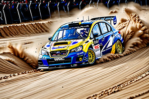 ((masterpiece, best quality, hyper detailed, insanely detailed, beautiful, ultra realistic photo, photorealistic, raw photo, realism)),
BREAK
A Subaru blue Impreza WRX-STI "WRC2008 MODEL" drifting on a sand course and turning a corner during a WRC car race.
The main sponsor logo is in yellow and says "Rasman045".
There are other sponsor logos but they are smaller than the main one,