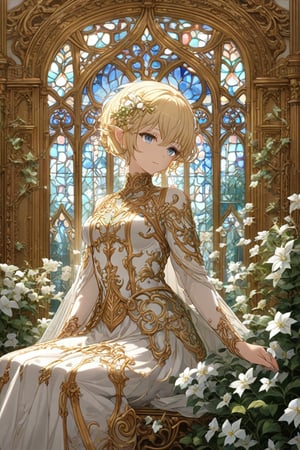 (masterpiece:1.2), (best quality:1.2), (very aesthetic:1.2), (absurdres:1.2), (detailed background), newest, ((SFW)), ((ultra detailed face)), sauce_anime, rating_safe, 
BREAK 
In a gold baroque frame decorated with ivy and stained glass, a beautiful and fantastical background of various white flowers and plants is depicted, with a short-haired, blonde-haired, blue-eyed elven woman wearing a princess dress with intricately detailed decorative tracery patterns sitting among the flowers.,more detail XL