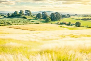 Landscape photography 8k, bright sunny day, in the foreground of the rye, on the horizon of a dark forest and the blue sky