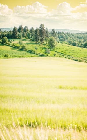 Landscape photography 8k, bright sunny day, in the foreground of the meadow, on the horizon of a dark forest