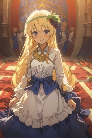 iris, white dress, iris, blonde hair, blue eyes, castle, palace, small breasts, braid, hair ornament, grapes hair ornament, blue ribbon, smile, blushing, (blue skirt: 0.8), collar,nodf_lora