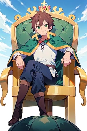 anime, kazuma, 1man, solo, brown hair, short hair, white shirt, pants, boots, green eyes, green cape, serious, sitting, (trone:1.2), gold trone, palace, crown, king, evil smile, pose