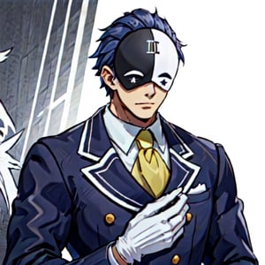 vanir-liver020, 1boy, solo, (mask:1.1), blue hair, white gloves, formal, suit, jacket, ascot, black and white mask, symbols, yellow ascot, mask on head, (upper body:1.2), palace, trone