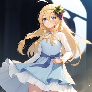 1girl, solo, blonde hair, long hair,hair between eyes, blue eyes,ahoge, braid, hair ornament,grapes, blue dress, long sleeves, gradient dress, layered dress, dress, white dress