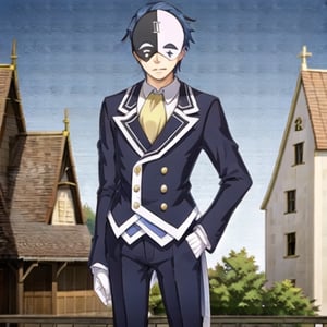 , vanir-liver020, 1boy, solo, (mask:1.1), blue hair, white gloves, formal, suit, jacket, ascot, black and white mask, symbols, yellow ascot, mask on head, town, houses, blue sky, standing