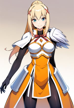 solo, 1girl, smile, looking at viewer, ponytail, x hair ornament, armor, shoulder armor, black bodysuit, black gloves, ksdarkness, armor, orange dress, black pantyhose, white armor breasts, armor plates, wing shoulder pad,