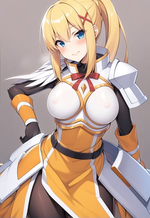 solo, 1girl, smile, looking at viewer, ponytail, x hair ornament, armor, shoulder armor, black bodysuit, black gloves, ksdarkness, armor, orange dress, black pantyhose, white armor breasts, armor plates, wing shoulder pad, NSFW