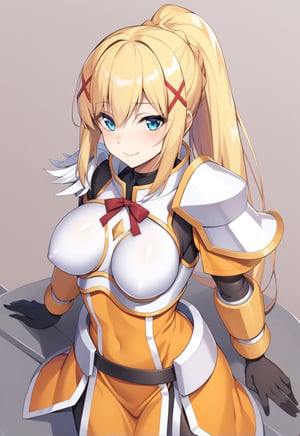 solo, 1girl, smile, looking at viewer, ponytail, x hair ornament, armor, shoulder armor, black bodysuit, black gloves, ksdarkness, armor, orange dress, black pantyhose, white armor breasts, armor plates, wing shoulder pad, NSFW