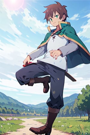 anime, kazuma, brown hair, short hair, white shirt, pants, boots, green eyes, green cape, serious