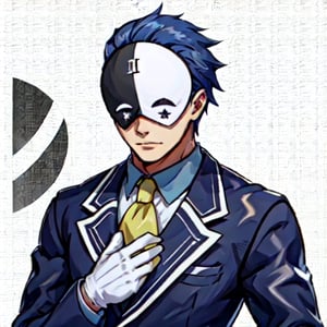 vanir-liver020, 1boy, solo, (mask:1.1), blue hair, white gloves, formal, suit, jacket, ascot, black and white mask, symbols, yellow ascot, mask on head, (upper body:1.2), 