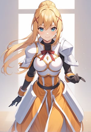 solo, 1girl, smile, looking at viewer, ponytail, x hair ornament, armor, shoulder armor, black bodysuit, black gloves, ksdarkness, armor, orange dress, black pantyhose, white armor breasts, armor plates, wing shoulder pad,