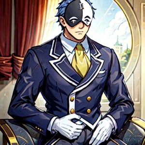 vanir-liver020, 1boy, solo, (mask:1.1), blue hair, white gloves, formal, suit, jacket, ascot, black and white mask, symbols, yellow ascot, mask on head, (upper body:1.2), palace, trone, sitting, gold trone