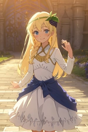 iris, white dress, iris, blonde hair, blue eyes, castle, palace, small breasts, braid, hair ornament, grapes hair ornament, blue ribbon, smile, blushing, (blue skirt: 0.8), collar