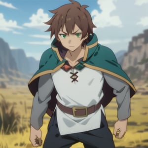 anime, short hair, brown hair, green eyes, cape, green cape, white shirt, black pants, brown belt, 1boy, serious