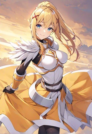 solo, 1girl, smile, looking at viewer, ponytail, x hair ornament, armor, shoulder armor, black bodysuit, black gloves, ksdarkness, armor, orange dress, black pantyhose, white armor breasts, armor plates, wing shoulder pad,