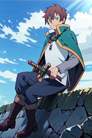 anime, kazuma, brown hair, short hair, white shirt, pants, boots, green eyes, green cape, serious, sword, wowdk