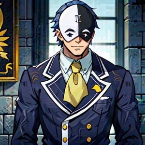 vanir-liver020, 1boy, solo, (mask:1.1), blue hair, white gloves, formal, suit, jacket, ascot, black and white mask, symbols, yellow ascot, mask on head, (upper body:1.2), palace, trone