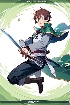 anime, kazuma, 1man, solo, brown hair, short hair, white shirt, pants, boots, green eyes, green cape, serious, sword, wowdk, swordup