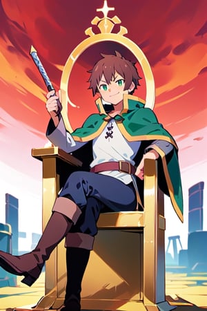 anime, kazuma, 1man, solo, brown hair, short hair, white shirt, pants, boots, green eyes, green cape, serious, sitting, (trone:1.2), gold trone, palace, crown, king, evil smile, pose