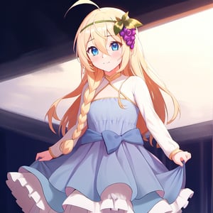 1girl, solo, blonde hair, long hair,hair between eyes, blue eyes,ahoge, braid, hair ornament,grapes, blue dress, long sleeves, gradient dress, layered dress, dress, white dress