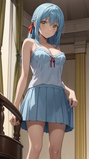 1girl, rimuru tempest, asexual, , solo, blue hair, yellow eyes,skirt, solo, long hair, grey skirt, , breasts, ribbon, camisole, hair ribbon, red ribbon, indoors, , from below, curtains, looking at viewer, cleavage,large breasts, bangs, pleated skirt, bare shoulders, closed mouth,  
