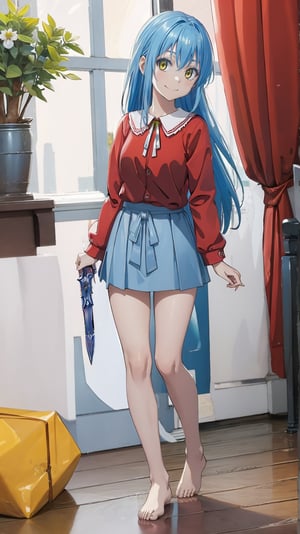 (masterpiece, best quality), ray tracing, absurdres, HDR,rimuru clothes, long hair, blue hair, yellow eyes, shirt, closed mouth, red shirt, 1girl, large breats,, rimuru tempest, skirt, bangs, red shirt, smile, solo, hair between eyes, grey skirt, long sleeves, collared shirt, ,blush ,looking at viewer,indoors,barefoot,full body, wucaitianjing, weapon, sword, , planted, planted sword, holding, holding sword,,
