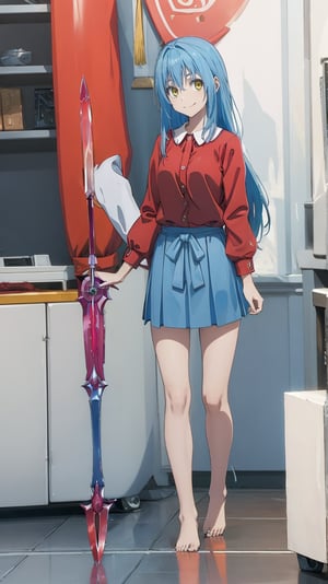 (masterpiece, best quality), ray tracing, absurdres, HDR,rimuru clothes, long hair, blue hair, yellow eyes, shirt, closed mouth, red shirt, 1girl, large breats,, rimuru tempest, skirt, bangs, red shirt, smile, solo, hair between eyes, grey skirt, long sleeves, collared shirt, ,blush ,looking at viewer,indoors,barefoot,full body, wucaitianjing, weapon, sword, , planted, planted sword, holding, holding sword,,
