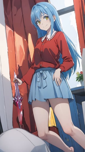 (masterpiece, best quality), ray tracing, absurdres, HDR,rimuru clothes, long hair, blue hair, yellow eyes, shirt, closed mouth, red shirt, 1girl, large breats,, rimuru tempest, skirt, bangs, red shirt, smile, solo, hair between eyes, grey skirt, long sleeves, collared shirt, ,blush ,looking at viewer,indoors,barefoot,full body, wucaitianjing, weapon, sword, , planted, planted sword, holding, holding sword,,
