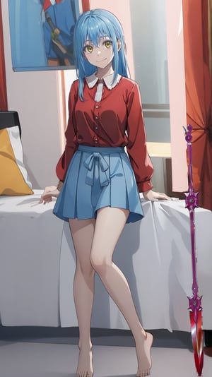 (masterpiece, best quality), ray tracing, absurdres, HDR,rimuru clothes, long hair, blue hair, yellow eyes, shirt, closed mouth, red shirt, 1girl, large breats,, rimuru tempest, skirt, bangs, red shirt, smile, solo, hair between eyes, grey skirt, long sleeves, collared shirt, ,blush ,looking at viewer,indoors,barefoot,full body, wucaitianjing, weapon, sword, , planted, planted sword, holding, holding sword,,
