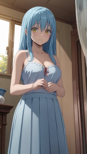 1girl, rimuru tempest, asexual, , solo, blue hair, yellow eyes,skirt, solo, long hair, grey skirt, , breasts, ribbon, camisole, hair ribbon, red ribbon, indoors, , from below, curtains, looking at viewer, cleavage,large breasts, bangs, pleated skirt, bare shoulders, closed mouth,  
