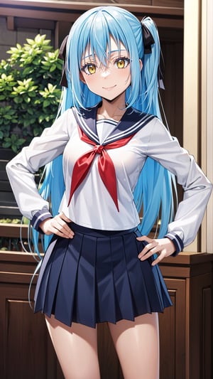 (masterpiece, best quality),ray tracing,absurdres,HDR,1girl,rimuru tempest,blue hair,yellow eyes,  long hair, medium breasts,,school uniform,  skirt, serafuku, sailor collar, v over eye, looking at viewer, pleated skirt, red neckerchief, neckerchief, white shirt, v, long sleeves, shirt, hand on hip, closed mouth, hair between eyes, smile, , (one side up:1.2), bangs, sailor shirt,  solo, black skirt,rimuru_tempest