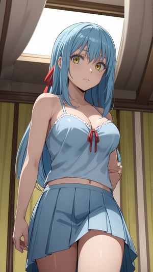 1girl, rimuru tempest, asexual, , solo, blue hair, yellow eyes,skirt, solo, long hair, grey skirt, , breasts, ribbon, camisole, hair ribbon, red ribbon, indoors, , from below, curtains, looking at viewer, cleavage,large breasts, bangs, pleated skirt, bare shoulders, closed mouth,  
