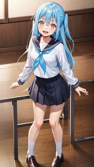 (masterpiece, best quality),ray tracing,absurdres,HDR,1girl,rimuru tempest, long hair,light blue hair, yellow eyes,medium breasts,,school uniform,  sailor collar, open mouth, shirt, serafuku, white shirt, red neckerchief, sailor shirt, neckerchief, hair between eyes,  smile,   shiny hair, blush, long sleeves, black sailor collar, looking at viewer, bangs, shiny, collarbone, :d, (one side up:1.4), black skirt, legs,white socks,brown loafers,,full body ,rimuru_tempest