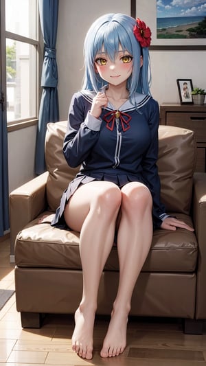 (masterpiece, best quality),ray tracing,absurdres, HDR,1girl,jewelry,, bangs,rimuru tempest,light blue hair,, yellow eyes,breasts,, ,,blush,school_uniform, shirt, pleated skirt, , hair between eyes, hair flower, hair ornament,  looking at viewer, ,red flower, , solo, indoors,in living room,,sitting,,barefoot,,smile,full body, 
,
